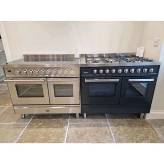 Left - ILVE Roma 100cm all electric induction top in stainless steel and on the Right - ILVE Torino 100cm dual fuel in black